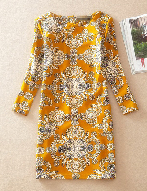 Fashion Yellow Flower Pattern Decorated Long Sleeves Dress