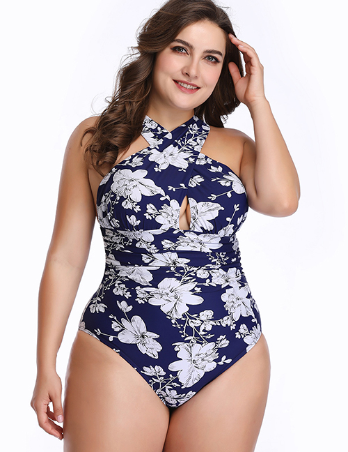 Sexy Blue Flower Pattern Decorated Off-the-shoulder Swimwear