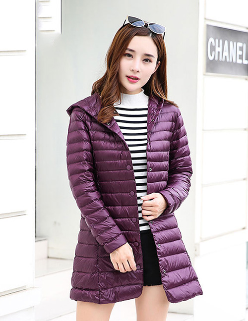Fashion Purple Pure Color Decorated Down Jacket
