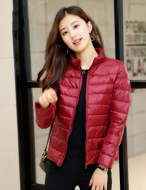 Simple Claret Red Pure Color Decorated Down Jacket