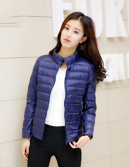 Simple Navy Pure Color Decorated Down Jacket