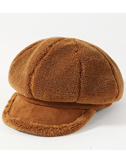 Fashion Brown Pure Color Decorated Thickened Octagonal Cap
