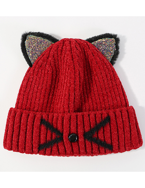 Lovely Claret Red Cat Shape Design Thicken Knitted Hat
