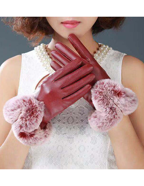 Fashion Claret Red Fur Decorated Pure Color Gloves