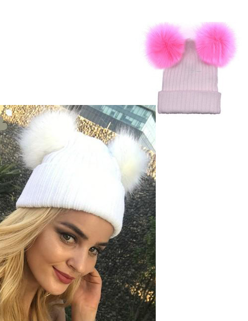 Fashion White+pink Pom Ball Decorated Hat