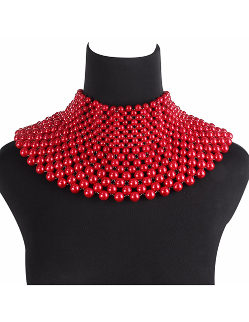 Fashion Red Pearls Decorated Hand-woven Necklace