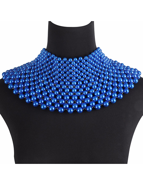Fashion Blue Pearls Decorated Hand-woven Necklace