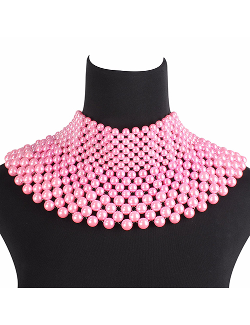 Fashion Pink Pearls Decorated Hand-woven Necklace
