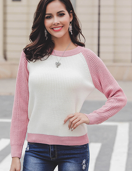 Fashion Pink Round Neckline Design Long Sleeves Sweater