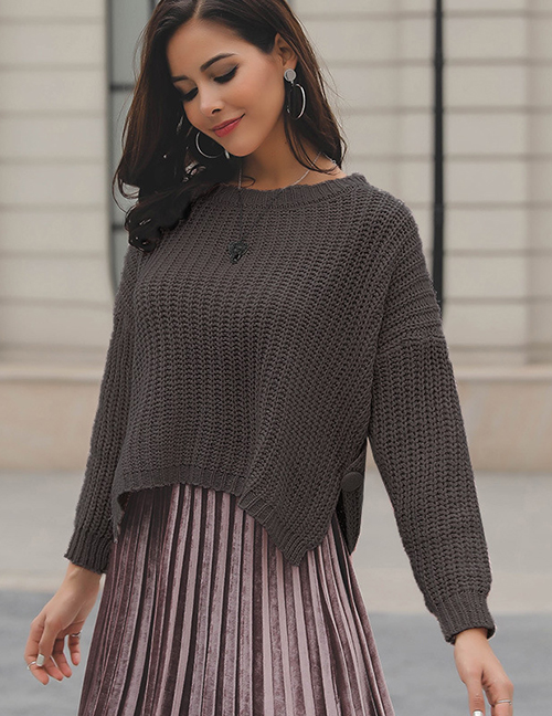 Fashion Dark Khaki Pure Color Design Long Sleeves Sweater