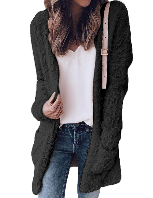 Fashion Black Pure Color Design Long Sleeves Coat