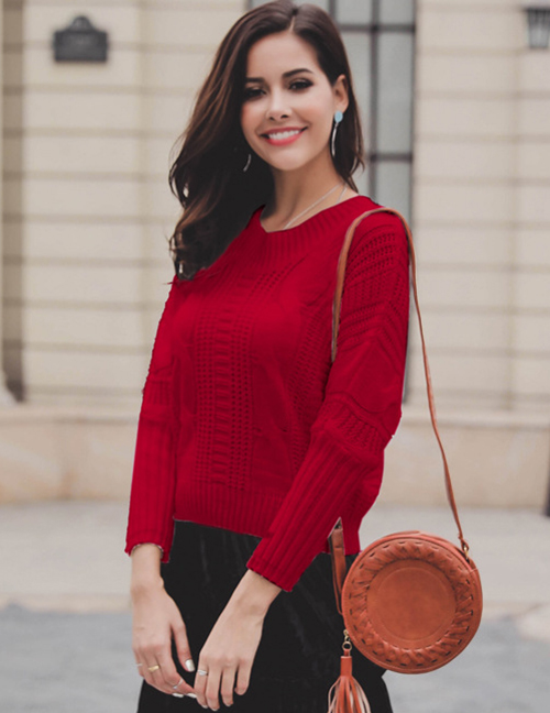 Fashion Red Pure Color Design Round Neckline Sweater