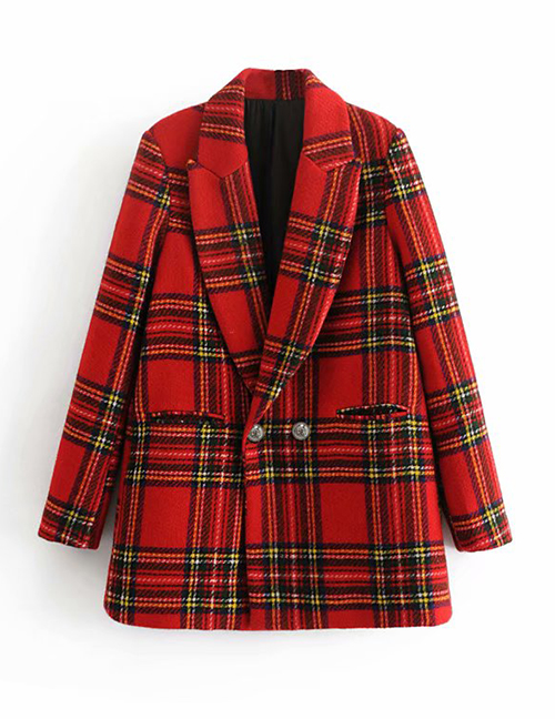 Fashion Red Grid Pattern Decorated Simple Coat