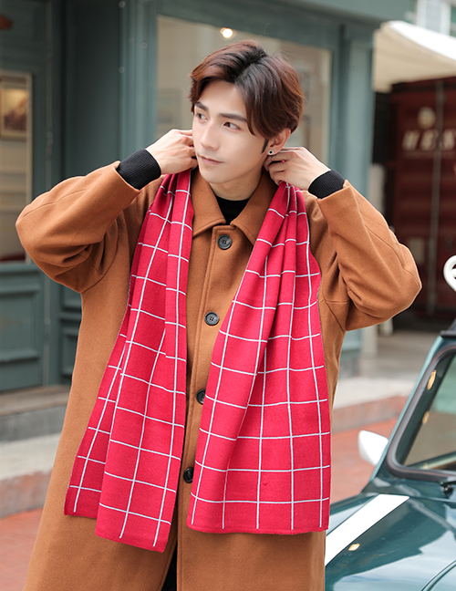 Fashion Red+white Grid Pattern Decorated Knitted Men's Scarf