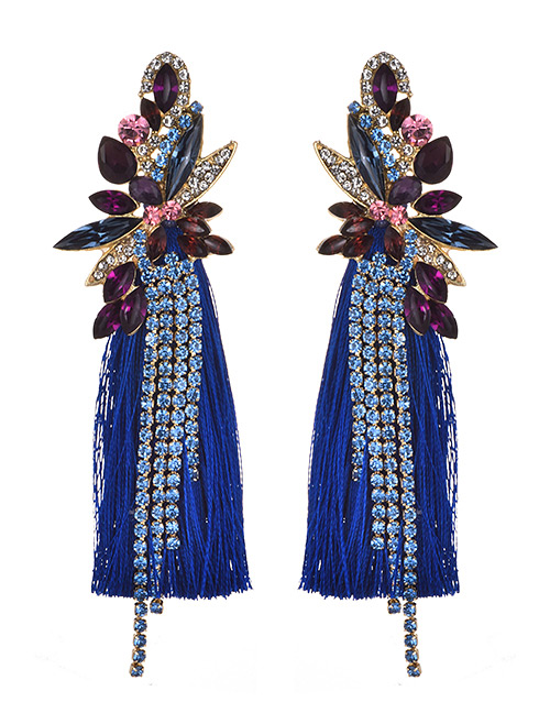 Fashion Sapphire Blue Diamond Decorated Long Tassel Earrings