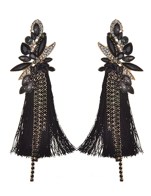 Fashion Black Diamond Decorated Long Tassel Earrings
