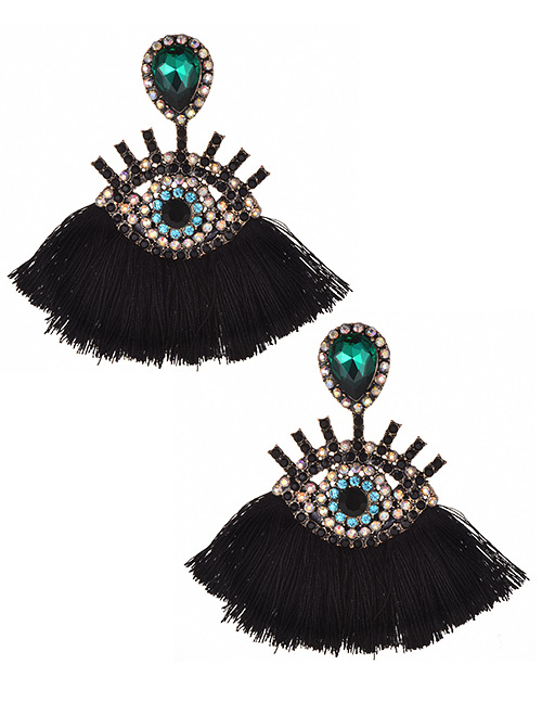 Fashion Black+green Eye Shape Design Tassel Earrings