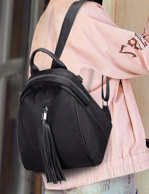 Trendy Black Tassel Decorated Pure Color Backpack