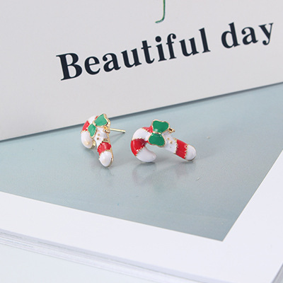 Fashion Multi-color Christmas Cane Shape Decorated Earrings