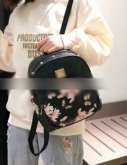 Fashion Black Flower Pattern Decorated Backpack
