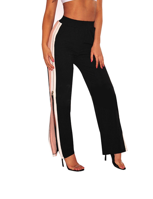 Fashion Black+pink Zipper Decorated Color Matching Pants