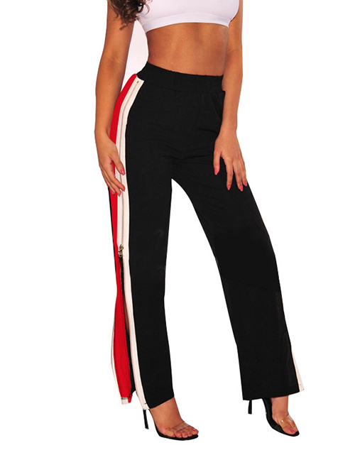 Fashion White+red Zipper Decorated Color Matching Pants