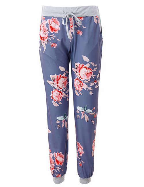Fashion Blue Flowers Pattern Decorated Yoga Pants For Mother