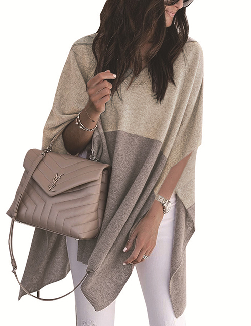 Fashion Gray+beige V Neckline Design Color Matching Sweater