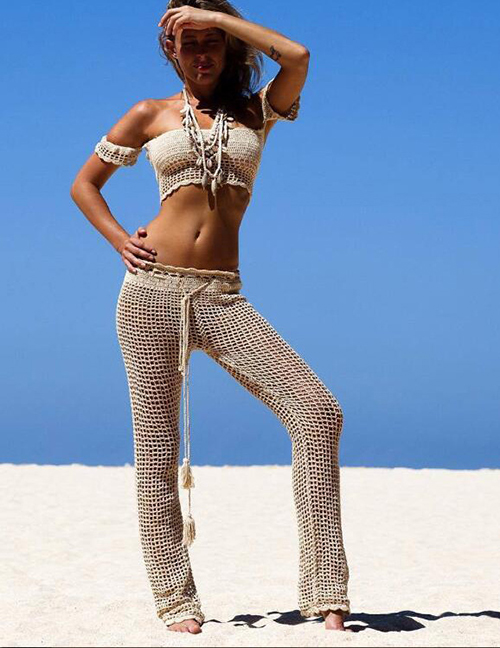 Fashion Beige Hollow Out Design Pure Color Swimming Pants