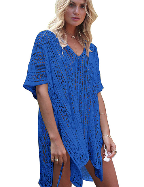 Fashion Blue Pure Color Design Hollow Out Smock