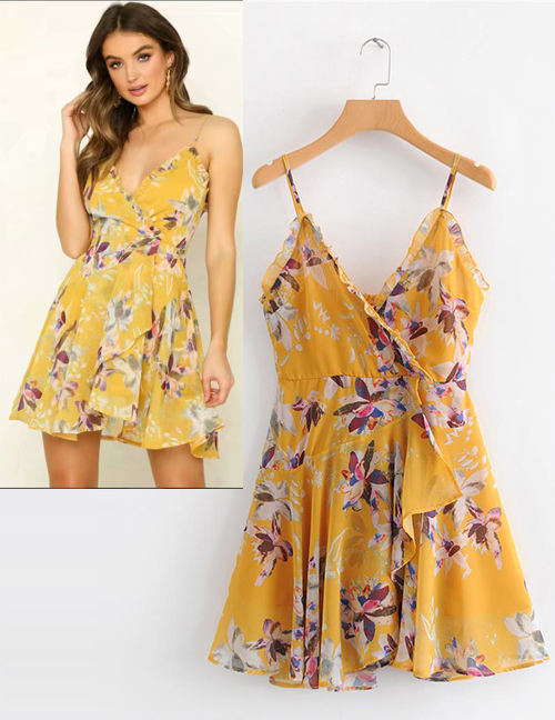 Fashion Yellow Flowers Decorated Suspender Dress