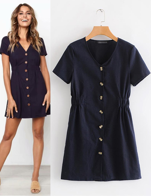 Fashion Navy Buttons Decorated Pure Color Dress