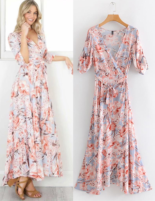 Fashion Pink V Neckline Design Flower Pattern Dress