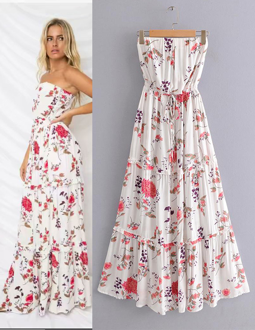 Fashion White Flowers Pattern Decorated Strapless Dress