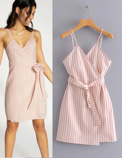 Fashion Pink Stripe Pattern Decorated Suspender Dress