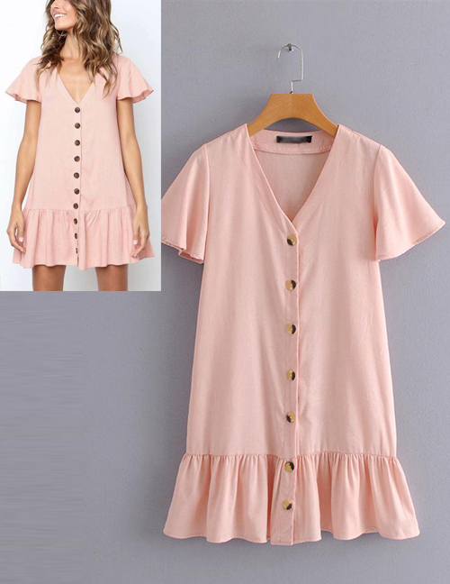Fashion Pink Pure Color Design V Neckline Dress