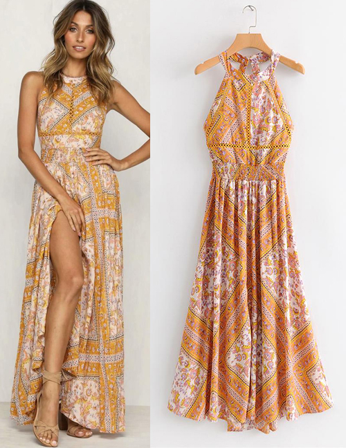 Fashion Yellow Off-the-shoulder Design Long Dress