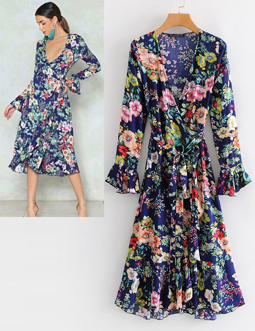 Fashion Blue V Neckline Design Flower Pattern Dress