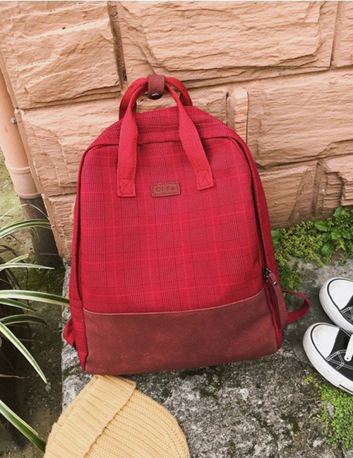 Fashion Red Grid Shape Design Pure Color Backpack