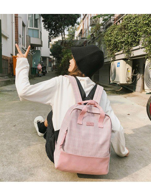 Fashion Pink Grid Shape Design Pure Color Backpack