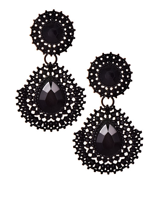 Exaggerated Black Hollow Out Design Waterdrop Shape Earrings