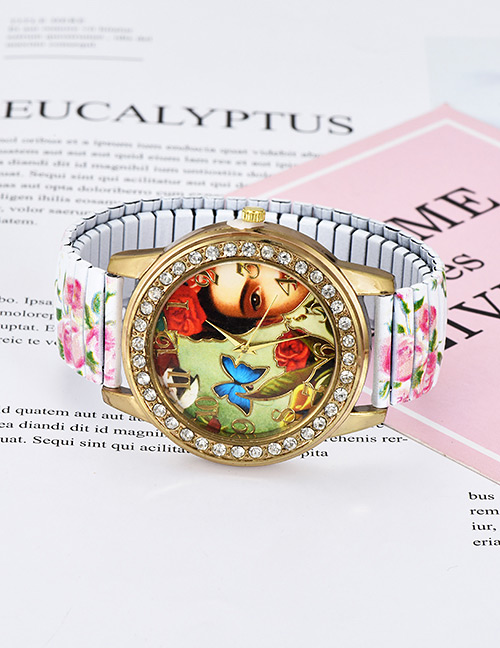 Fashion White Butterfly&flowers Pattern Decorated Watch