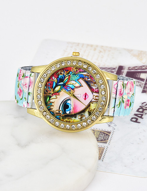 Fashion Blue Girl&flowers Pattern Decorated Watch