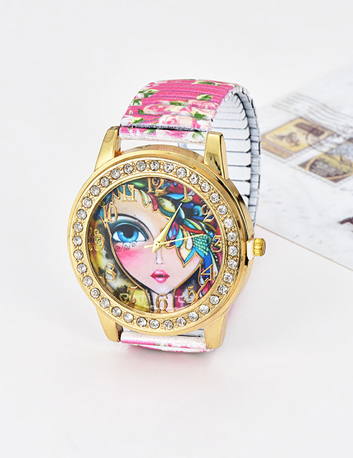 Fashion Plum Red Girl&flowers Pattern Decorated Watch