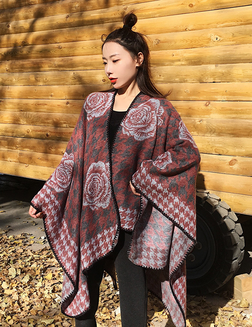Fashion Claret Red Flowers Pattern Decorated Shawl