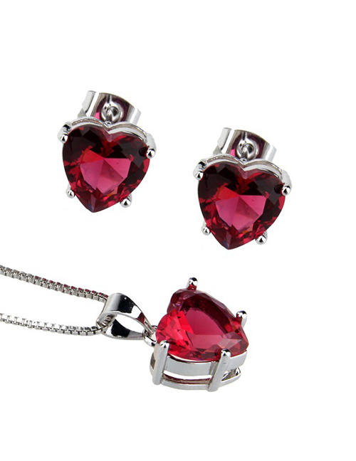 Elegant Red Heart Shape Diamond Decorated Jewelry Sets
