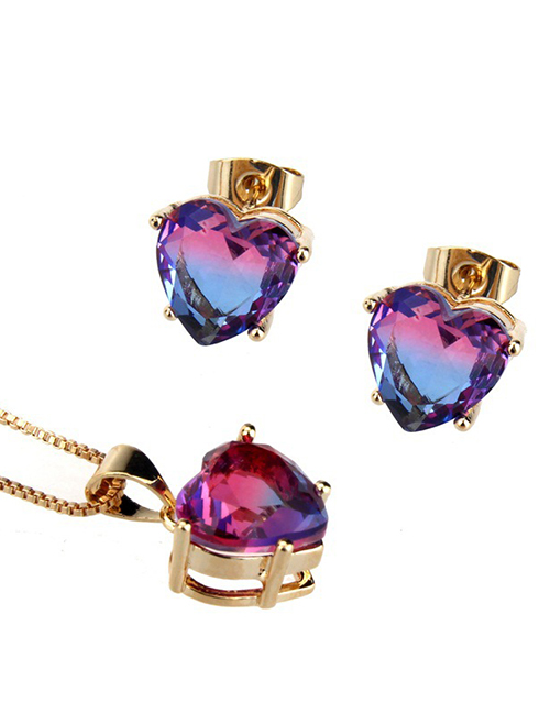 Elegant Blue+red Diamond Decorated Heart Shape Jewelry Sets