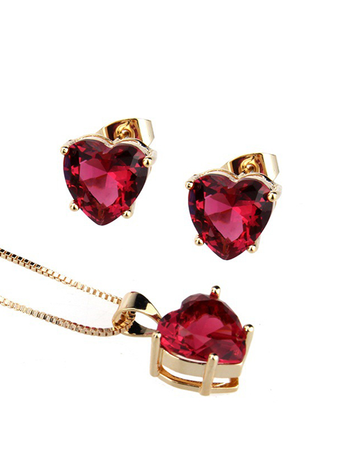 Elegant Red Diamond Decorated Heart Shape Jewelry Sets