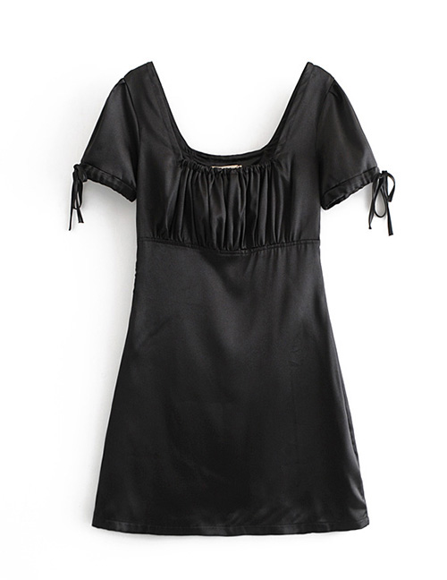 Fashion Black Pure Color Design U Neckline Dress