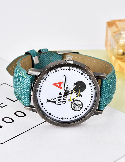 Fashion Pale Green Bicycle Pattern Decorated Simple Watch
